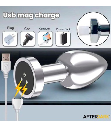 AfterDark - Dimpor Chrome Anal Plug with Vibration, Medium, magnetisk laddkontakt