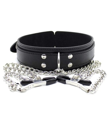 Collar with Chain Nipple Clamps, med klämmor för stimulans av bröstvårtorna
