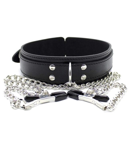 Collar with Chain Nipple Clamps, med klämmor för stimulans av bröstvårtorna