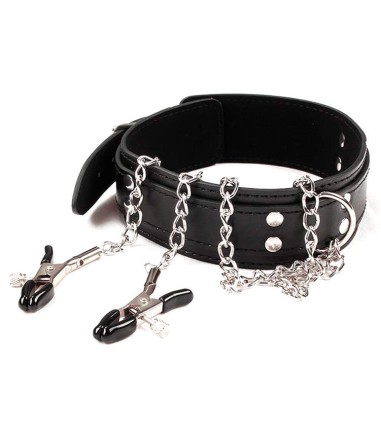 Collar with Chain Nipple Clamps, halsband med krokodillklämmor