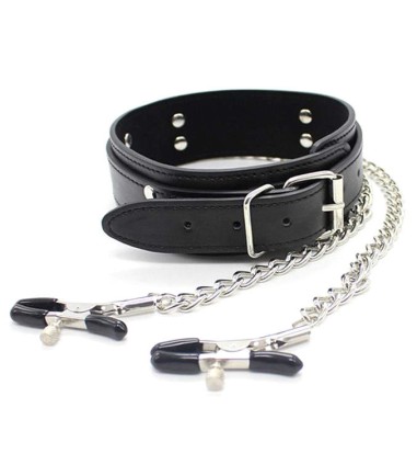 Collar with Chain Nipple Clamps, halsband i konstläder, med kedjor och klämmor för brösten