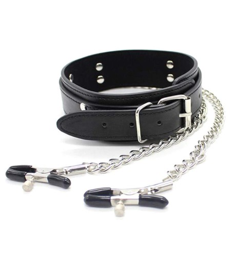 Collar with Chain Nipple Clamps, halsband i konstläder, med kedjor och klämmor för brösten