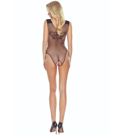 Passion - Bodystocking BS109, Black, av finare nät med fjärilsmönster över brösten