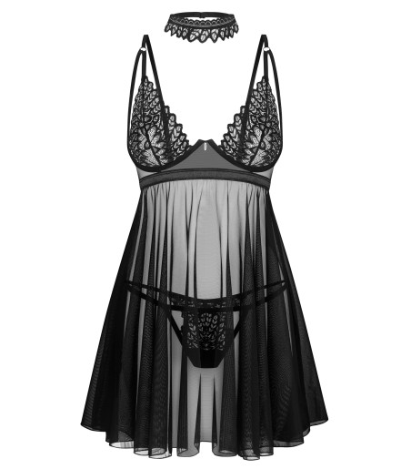 Obsessive - Donarella Babydoll & Thong, Choker, avslöjande, sexigt nattlinne med choker