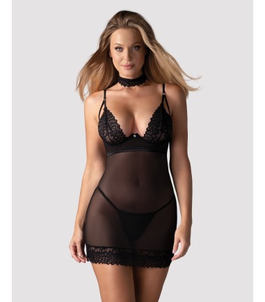 Obsessive - Donarella Chemise & Thong, Choker, sexigt nattlinn ei nät med spets på kuporna och nertill på kanten