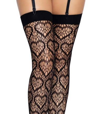 Leg Avenue - Heart Net Thigh Highs, härliga nylonstrumpa med nät, hjärtformat