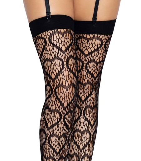 Leg Avenue - Heart Net Thigh Highs, härliga nylonstrumpa med nät, hjärtformat