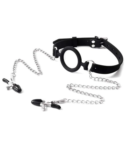 Open Mouth Gag with Nipple Clamps, öppen ring täckt av silikon