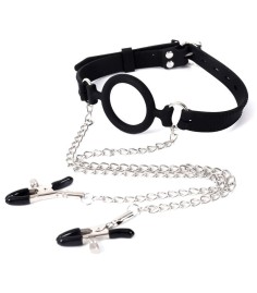 Open Mouth Gag with Nipple Clamps, kedja med klämmor för brösten