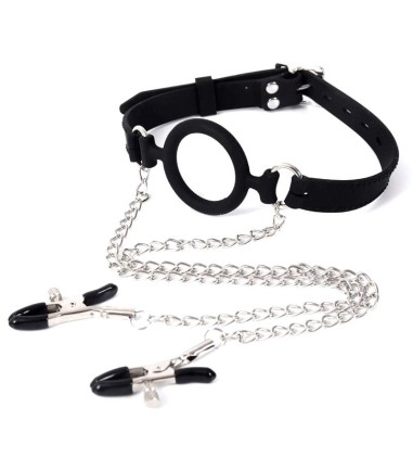 Open Mouth Gag with Nipple Clamps, kedja med klämmor för brösten