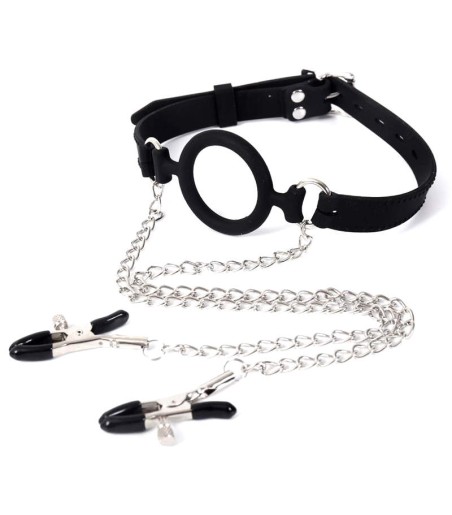 Open Mouth Gag with Nipple Clamps, kedja med klämmor för brösten
