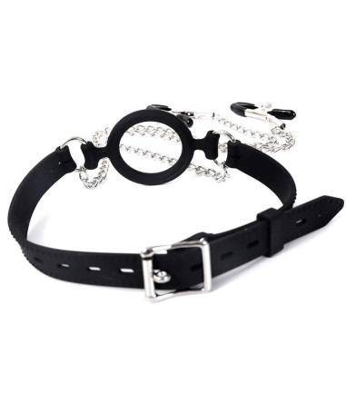 Open Mouth Gag with Nipple Clamps, silikonremmar och metallkedja med klämmor för brösten