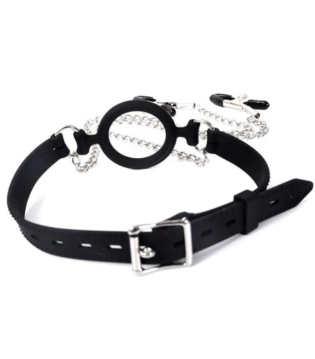 Open Mouth Gag with Nipple Clamps, silikonremmar och metallkedja med klämmor för brösten