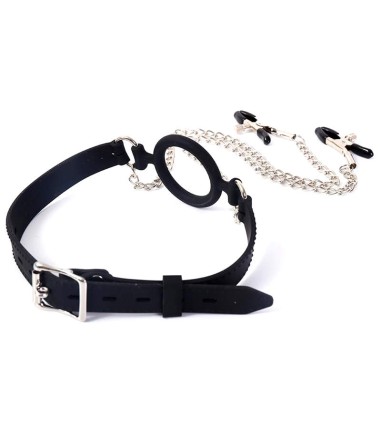 Open Mouth Gag with Nipple Clamps, krokodilklämmor för stimulans av brösten