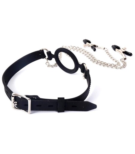 Open Mouth Gag with Nipple Clamps, krokodilklämmor för stimulans av brösten