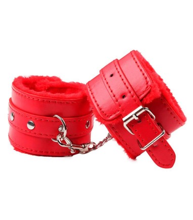 Furry Ankle Cuff, Red, röda ankelfängsel, med fuskpäls på insidan