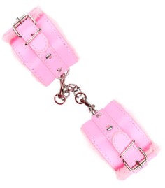 Furry Wrist Cuffs, Pink, rosa handfängsel med fuskpäls på insidan