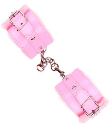 Furry Wrist Cuffs, Pink, rosa handfängsel med fuskpäls på insidan